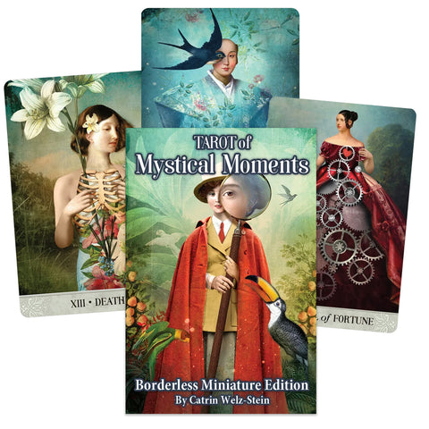 Tarot kortos Mystical Moments Borderless Miniature Edition Catrin Welz‑Stein — kompaktiškas rinkinys su dėklu ir trimis iliustruotomis pavyzdinėmis kortomis, be kraštų, tinkamas kelionėms