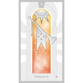 Tarot korta „Judgement“ su sidabriniu trimitu ir oranžiniu spindinčiu langu fone, priekis su žvaigždžių akcentais