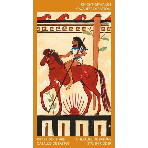 Tarot korta Lazdų riteris — raudonas arklys ir riteris su lazda, stilizuota senovinio meno iliustracija