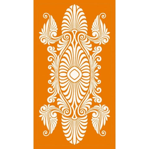 Rankšluostis oranžinis su balta ornamentine centrinio rašto juosta, 70×140 cm, plokščiai išdėstytas, skirtas paplūdimiui