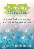 Kortų kaladė Everyday Miracles — 50 pamokų kortelių, autoriai R. ir H. Holden; pastelinis mėlynos ir žalios viršelis su gėlėmis