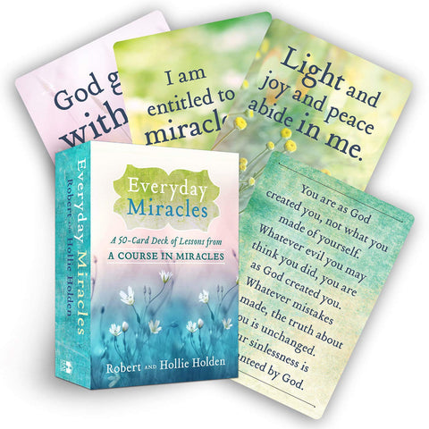 Everyday Miracles kortų rinkinys, 50 afirmacijų kortelių dėžutė su mėlynos ir žalsvos pastelinėmis kortelėmis, fanuotas išdėstymas