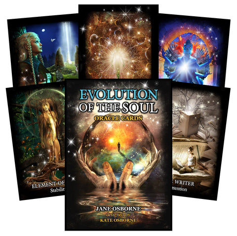 Orakulo kortos "Evolution of the Soul" (Jane Osborne) juodo viršelio dėžutė su auksiniu magišku rutuliu ir kelių atvirų kortų pavyzdžiu