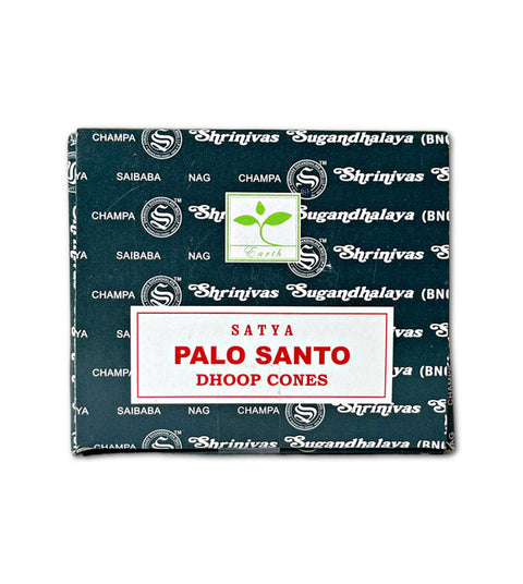 Palo Santo dhoop konusai Satya, tamsiai žalia priekinė pakuotė su baltu kvadratu ir raudonu užrašu, vienos pakuotės versija
