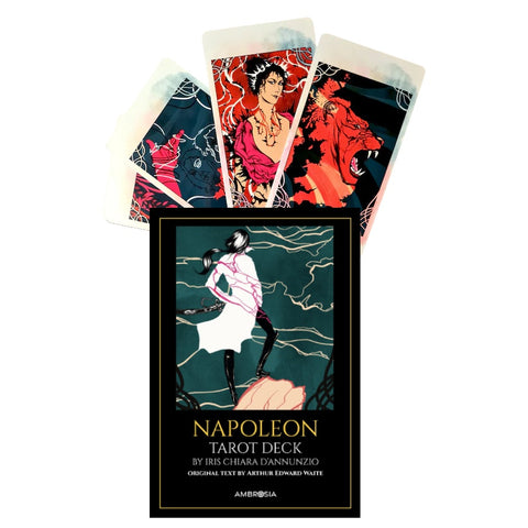 Napoleono tarot rinkinys – juoda dėžutė su iliustruotu viršeliu ir keturių spalvingų kortų vėduoklė