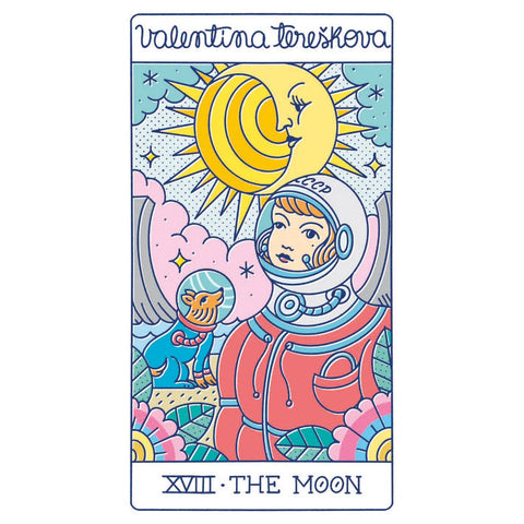 tarot korta Mėnulis – Valentina Tereškova dizaino spalvinga iliustracija su astronaute ir šunimi, kortos priekis