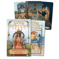 Good Fortune Tarot kortos su iliustruotu vadovu ir dėžute, priekyje matomas kortų priekis ir keli atversti pavyzdžiai