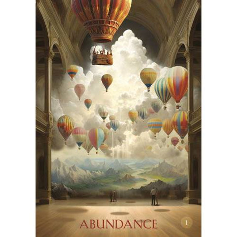 Plakatas "Abundance" vertikalus, spalvoti oro balionai salės arkadose virš tolimo kalnų kraštovaizdžio, šiltos tonacijos