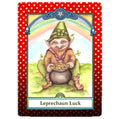Orakulinė korta Leprechaun Luck, kortos priekinis dizainas su žaliu nykštuku, lobio katilu ir vaivorykšte
