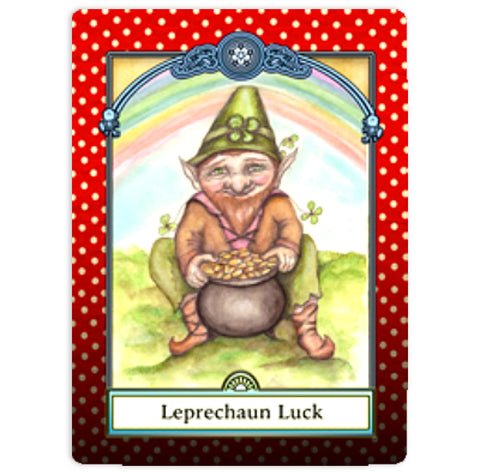 Orakulinė korta Leprechaun Luck, kortos priekinis dizainas su žaliu nykštuku, lobio katilu ir vaivorykšte