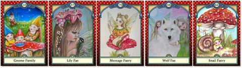 Fėjų kortos — penki iliustruoti variantai (Gnome Family, Lily Faery, Message Faery, Wolf Faery, Snail Faery) horizontali galerija