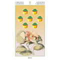 Lenormand korta su septyniais auksiniais varpeliais, pastelinėmis geltonomis ir žaliomis spalvomis, gėlės ir fėjos iliustracija, priekinė kortos pusė