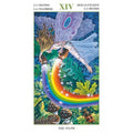 tarot korta The Sylph, skraidanti nimfa pilsto ryškią vaivorykštę, grybai ir vabalas apačioje — vertikalus galerijos variantas