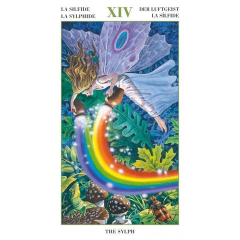 tarot korta The Sylph, skraidanti nimfa pilsto ryškią vaivorykštę, grybai ir vabalas apačioje — vertikalus galerijos variantas
