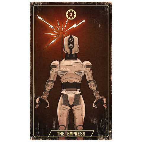 Tarot korta „The Empress“ plakatas, retro rudos spalvos robotė iš priekio, vertikalus ilgasis variantas ir tekstūra