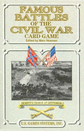 Kortų žaidimas Famous Battles of the Civil War su Gettysburgo puolimo scena viršelyje ir susikryžiavusiomis vėliavomis
