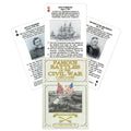 Kortų žaidimas Famous Battles of the Civil War su dėkle priekyje ir trimis informacinėmis kortomis fone, parodytančiomis mūšių aprašymus