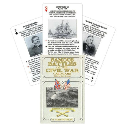 Kortų žaidimas Famous Battles of the Civil War su dėkle priekyje ir trimis informacinėmis kortomis fone, parodytančiomis mūšių aprašymus