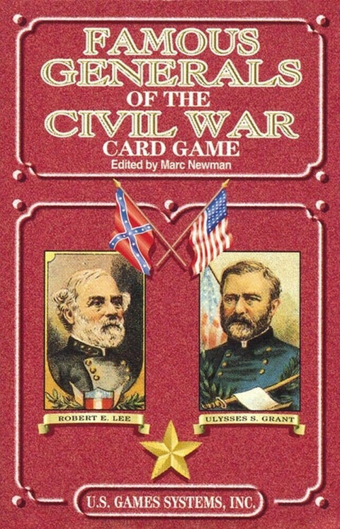 kortų žaidimas Famous Generals of the Civil War – U.S. Games Systems raudonas vertikalus viršelis su Lee ir Grant portretais ir susikryžiavusiomis vėliavomis