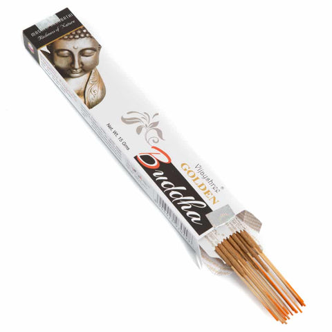 Smilkalai Buddha Golden baltame atvertame dėkle, matomi rudi lazdelių galai ir dekoratyvus dizainas