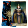 Tarot kortos su suvereno vaidmens motyvu priekyje ir kontrastingu mėlyno‑oranžiniu nugarėlių raštu