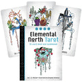 Elemental North Tarot kaladė su 78 kortų ir vadovėliu, priekyje dėklas ir trys pavyzdinės iliustruotos kortos