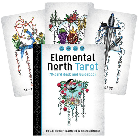Elemental North Tarot kaladė su 78 kortų ir vadovėliu, priekyje dėklas ir trys pavyzdinės iliustruotos kortos