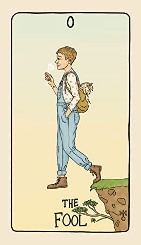 tarot korta Kvailys, iliustracija: jauną žmogų žingsniuojant į skardį, kuprinėje sėdi katė