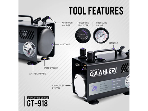 Gaahleri GT-918 tylus aerografo kompresorius, 1 l, 2 jungtys, 44 dB