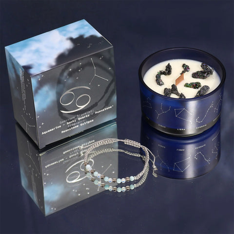 Vėžys: kristalų žvakė su apyranke – akvamarinas, mėnulio akmuo