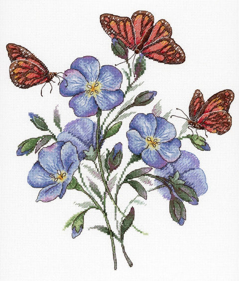 Siuvinėjimo modelis subtili kompozicija su mėlynomis gėlėmis ir raudonais drugeliais, tinkama pagalvėms ir sienų dekorui