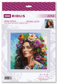 Kryželių rinkinys Riolis 30×30 cm „Floral Muse“ — spalvinga moters portreto su gėlėmis schema ant pakuotės