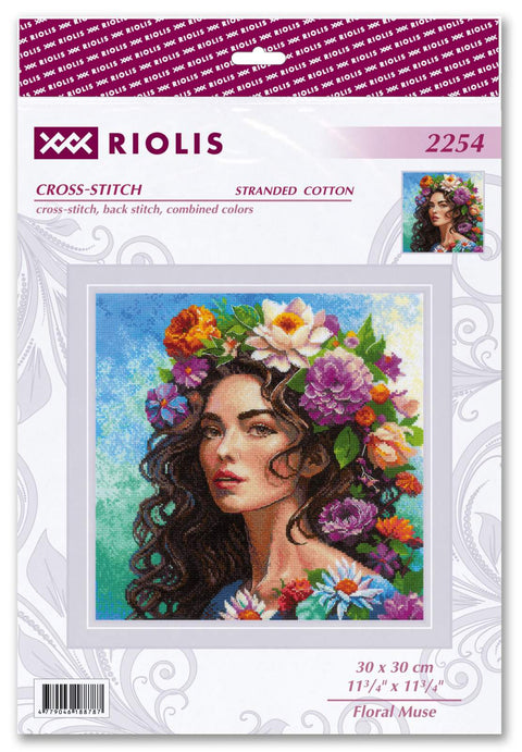 Kryželių rinkinys Riolis 30×30 cm „Floral Muse“ — spalvinga moters portreto su gėlėmis schema ant pakuotės