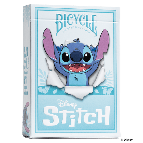 Kortų kaladė Bicycle Disney Stitch šviesiai mėlyna kolekcinė dėžutė, priekis su Stitch išlendančiu perplėšytu dizainu