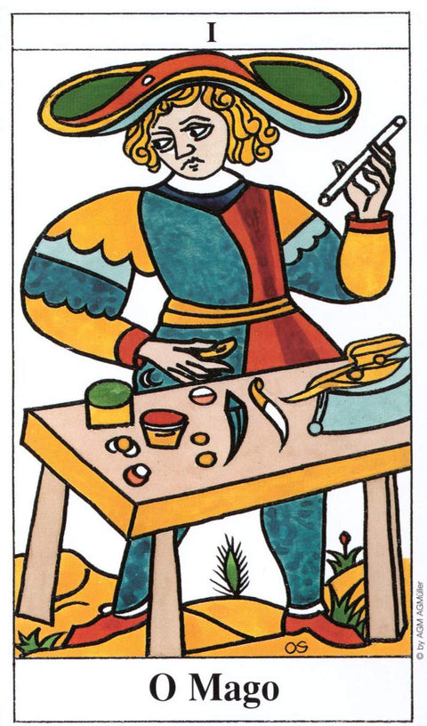 tarot korta Mago Marseilio stiliaus, ryškios geltonos ir žydros spalvos, priekinis kortos dizainas parduotuvės galerijoje