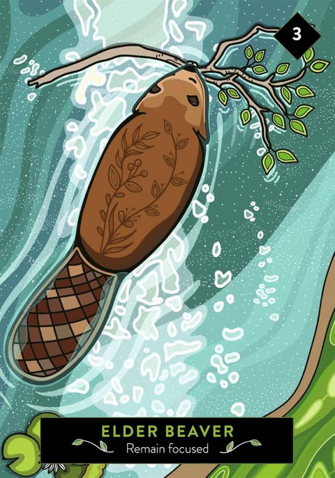 tarot korta Elder Beaver, ruda bebro iliustracija su augaliniais ornamentais plūduriuojanti upėje, skirta fokusuoti dėmesį