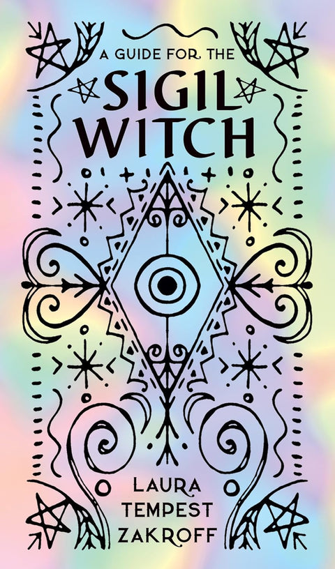 Knyga Sigil Witch su holografiniu pastelinio atspalvio viršeliu ir juodais mistiniais simboliais