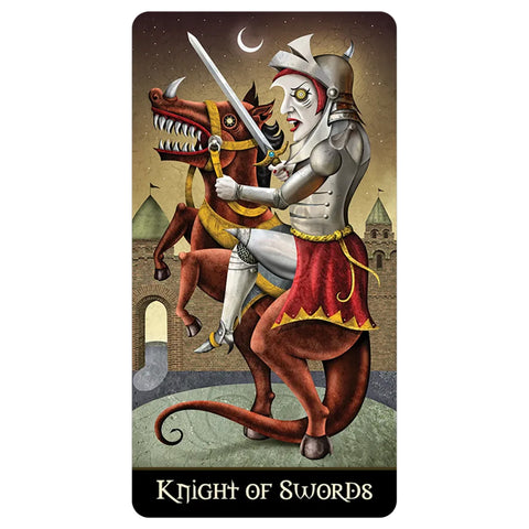Kalavijų riteris tarot korta: sidabrinė šarvuota figūra ant raudono žvėries, kardu į priekį, mėnulio fone