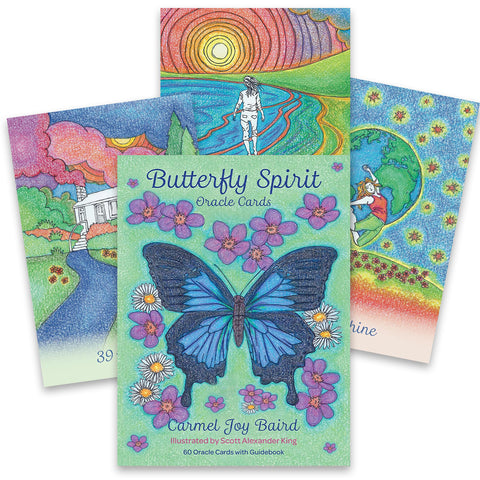Orakulo kortos Butterfly Spirit — turkio viršelis su dideliu mėlynu drugeliu ir trimis spalvingomis iliustruotomis kortomis fone