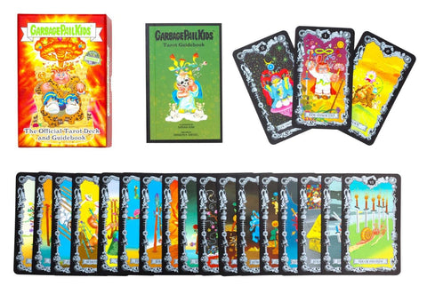 Garbage Pail Kids tarot kortų rinkinys su ryškia dėže, iliustruotu gidbook'u ir išskleistomis kortomis