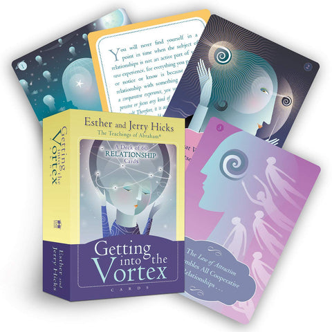 Kortų rinkinys Getting into the Vortex, Esther ir Jerry Hicks, geltona–violetinė dėžutė su 60 iliustruotų kortų, išskleistų ventiliatoriumi, matoma viršutinė priekinė dalis