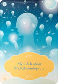 Orakulo korta su mėlynu fonu ir plaukiojančiais žmogaus siluetais, geltonu etiketės laukeliu My Life Is about My Relationships