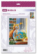 kryželių rinkinys Riolis su oranžiniu katinu prie žuvų dubenėlio, 21×30 cm, pakuotės priekyje matomas baigtas modelis