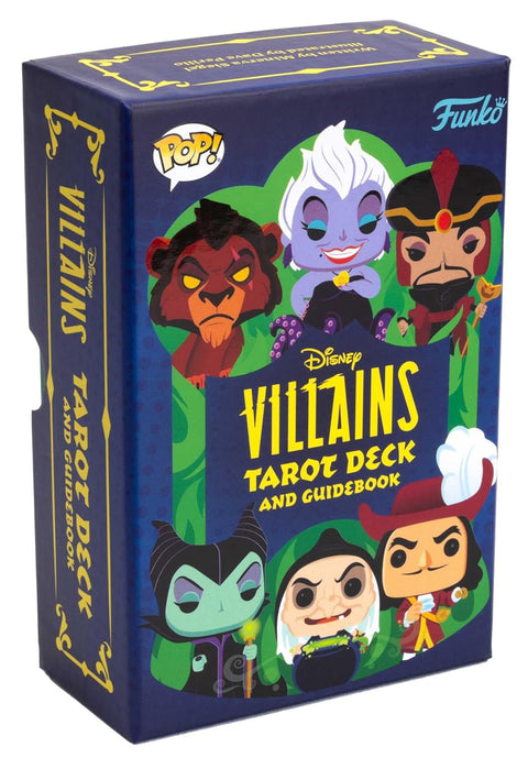 Disney piktadarių taro kortų rinkinys Funko, mėlyna dėžutė su Pop stiliaus piktadarių iliustracijomis priekyje