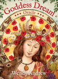 Oracle kortos "Goddess Dream" – Wendy Andrew viršelis su deivės portretu vainike iš aguonų, elniu šone ir šiltomis geltonomis spalvomis, artimas planas