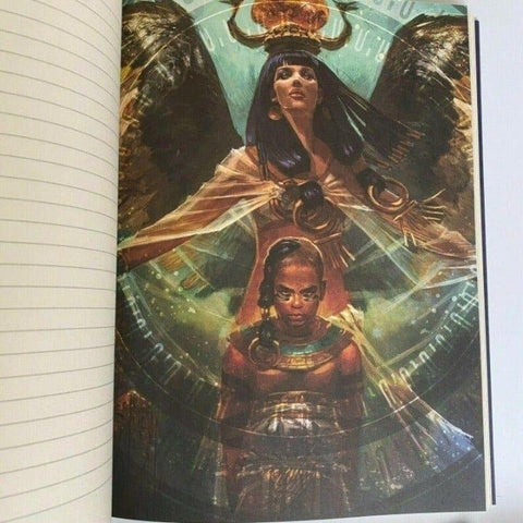 Sąsiuvinis su tvirtu viršeliu ir mitologine egiptietiška iliustracija, pilnas vertikalus dizainas