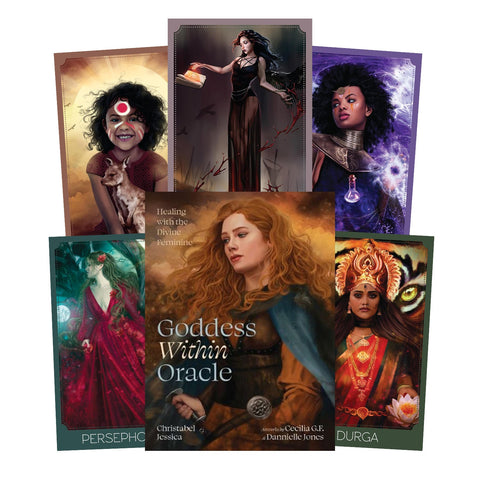 Goddess Within Oracle kortos: komplektas su dėklu ir atversto paketo pavyzdinėmis dievybių iliustracijomis