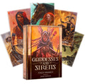 Kortų rinkinys "Goddesses and Sirens" su dekoratyviu dėklu ir penkiomis iliustruotomis dievybių kortomis, sodrios oranžinės ir žalsvos spalvos