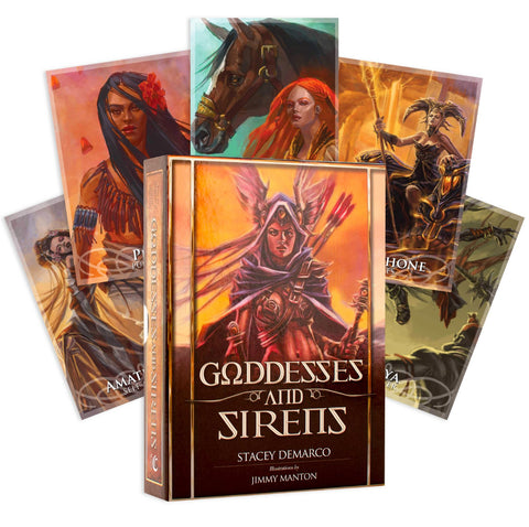 Kortų rinkinys "Goddesses and Sirens" su dekoratyviu dėklu ir penkiomis iliustruotomis dievybių kortomis, sodrios oranžinės ir žalsvos spalvos