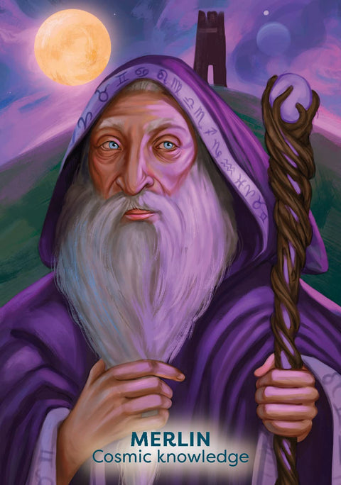 Merlin plakatas – purpurinis mago portretas su medine lazda ir mėnuliu fone, vertikalus iliustracijos variantas 60×90 cm